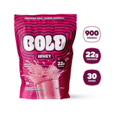 Embalagem de BOLD Whey Mousse de Morango 900g com 22g de proteína por dose e 30 doses